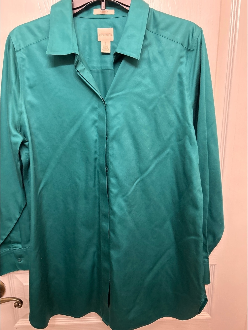 Chico's Teal Button-Up Tunic Shirt Size 1